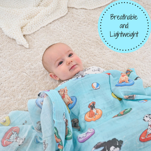 LollyBanks Muslin Swaddle Blankets, 100% Cotton Baby Blanket, 47"x 47" Newborn Swaddle Blanket, (Swimming Dogs)