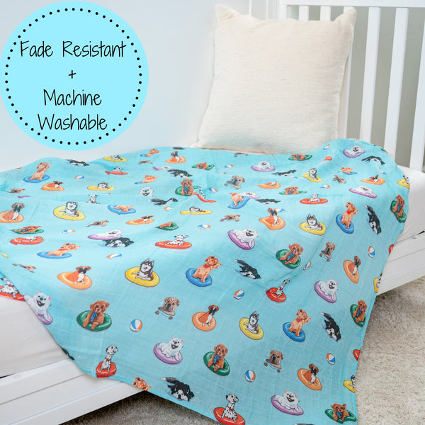 LollyBanks Muslin Swaddle Blankets, 100% Cotton Baby Blanket, 47"x 47" Newborn Swaddle Blanket, (Swimming Dogs)
