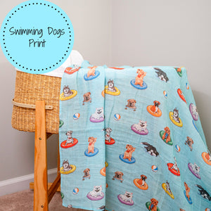 LollyBanks Muslin Swaddle Blankets, 100% Cotton Baby Blanket, 47"x 47" Newborn Swaddle Blanket, (Swimming Dogs)