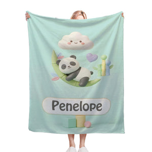 Personalized Kawaii Panda Blanket | Custom Name | Sleepy Panda Pastel Cloud Mint Blue Fleece Throw Gift