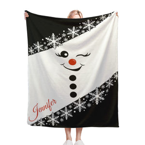 Personalized Snowman Christmas Blanket with Name - Bold Black & White Snowflake Design with Winking Snowman Face