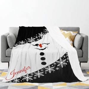 Personalized Snowman Christmas Blanket with Name - Bold Black & White Snowflake Design with Winking Snowman Face
