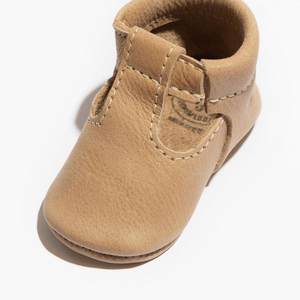 Weathered Brown T-Bar Baby Shoe from angle 3, showcasing its stylish design and soft material for infants.