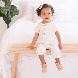 Weathered brown T-Bar baby shoe, angle 5 view, perfect for stylish and comfortable infant footwear.