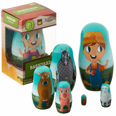 Colorful Barnyard Nesting Doll set for babies, featuring cute animal designs and safe, durable materials.