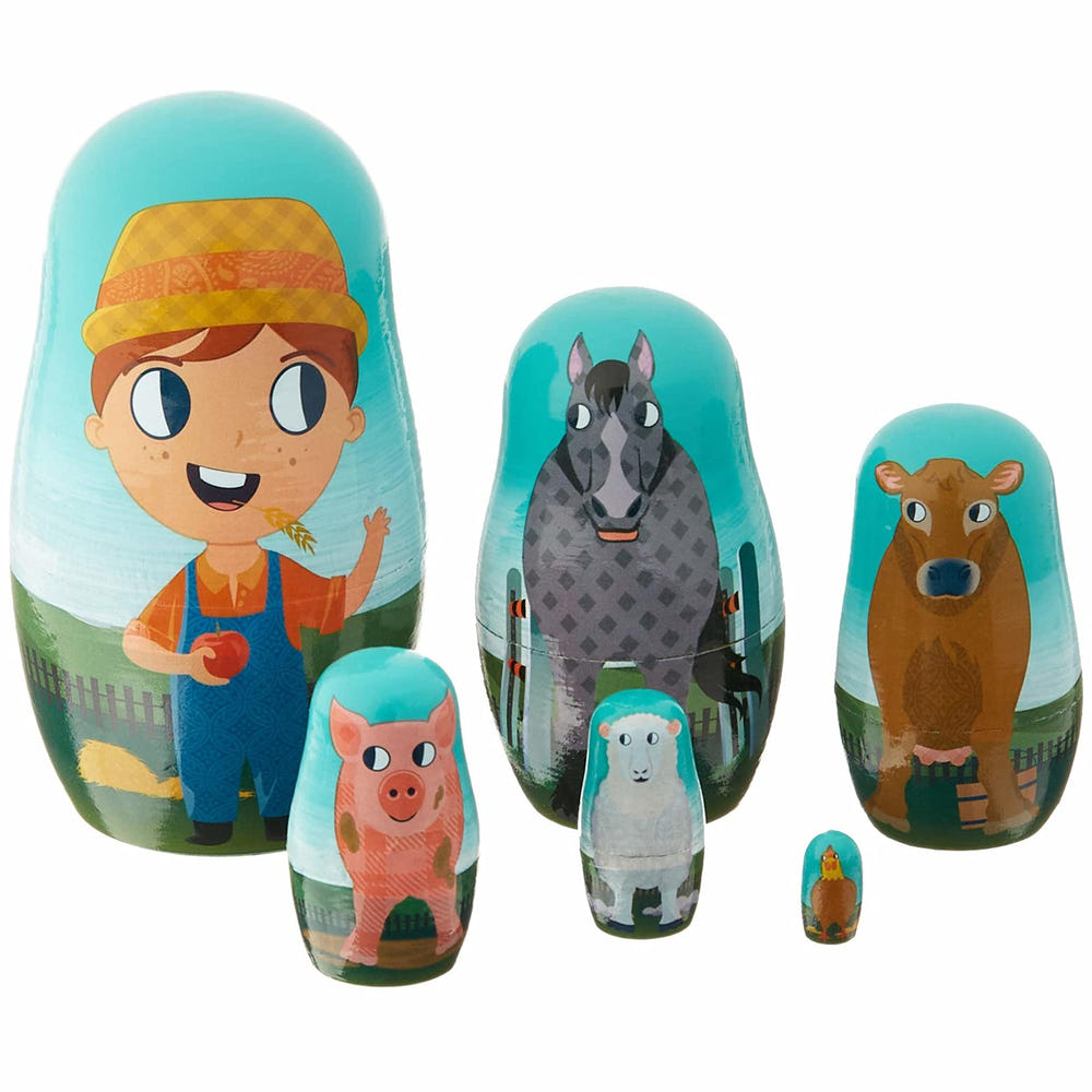 Colorful Barnyard Nesting Doll set for babies, featuring cute animal designs and safe, durable materials.
