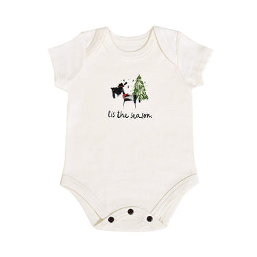 "Graphic bodysuit for babies featuring 'Tis the Season' design, perfect for festive occasions."