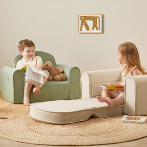 Tiny Land® GentleSnug Kid Chair in Beige White, angled view showcasing comfort and style for kids' seating.