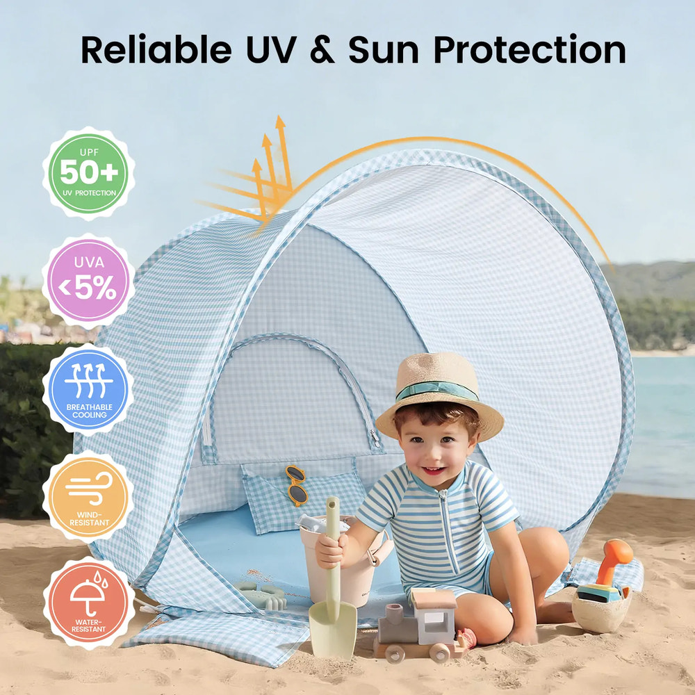 Tiny Land® One-Stop Beach Toy & Tent Set – Light Blue Gingham