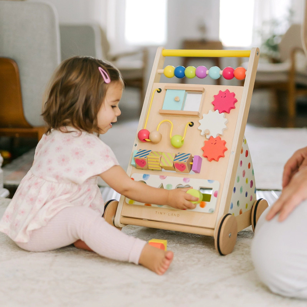 Tiny Land® Premium Natural Wooden Activity Walker for babies, promoting mobility and play in a safe, stylish design.