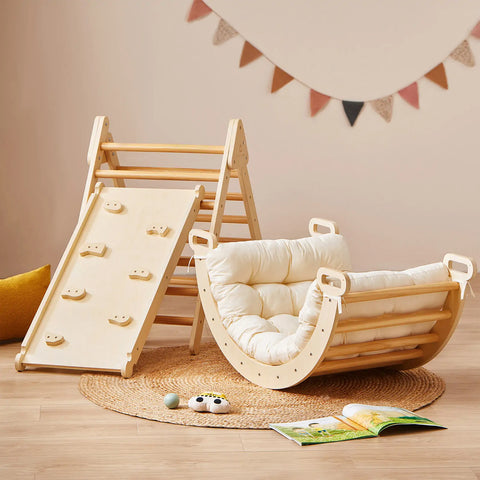 Tiny Land® 7-in-1 Montessori Climbing Set with Play Pad for babies and toddlers, promoting active play and development.