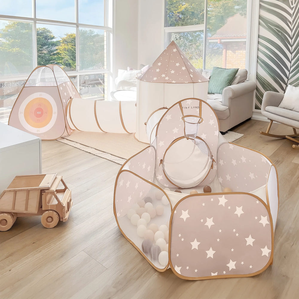 Tiny Land® Discovery 5-in-1 Play Tunnel for babies, perfect for indoor fun and exploration. No balls included.