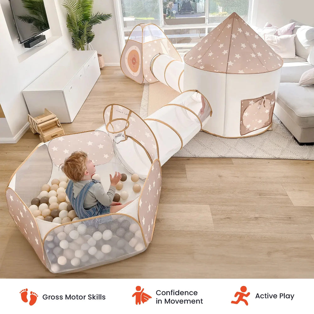 Tiny Land® Discovery 5-in-1 Play Tunnel for babies, perfect for indoor fun and exploration. No balls included.
