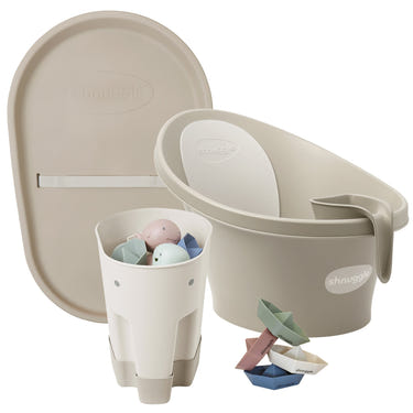 Shnuggle Bathtime Essentials Bundle | Baby Bath, Rinse Jug, Ellie Toy Scoop, Toy Boats & Squishy Changing Mat - Taupe - MOOGCO Baby