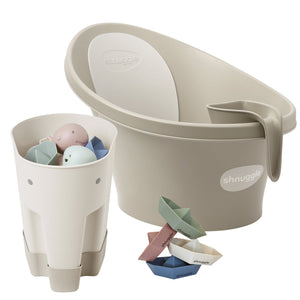 Shnuggle Baby Bath Essentials Bundle | Newborn Baby Bath with Support, Rinse Jug, Toy Boats & Ellie Bath Toy Scoop - Taupe