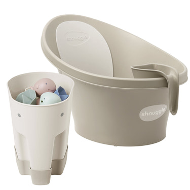 Baby Bathtime Essentials Bundle | Newborn Baby Bath with Support, Rinse Jug, and Ellie Bath Toy Scoop - Taupe - MOOGCO Baby