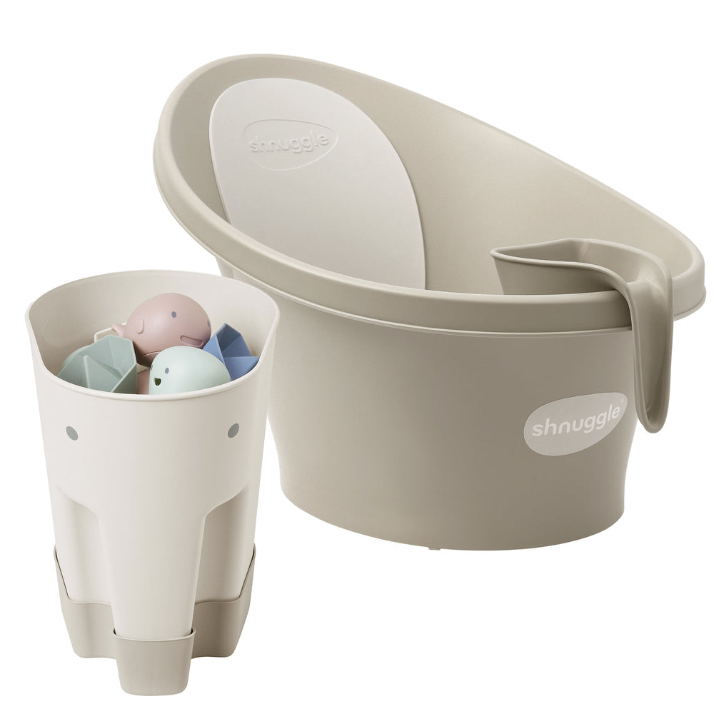 Baby Bathtime Essentials Bundle | Newborn Baby Bath with Support, Rinse Jug, and Ellie Bath Toy Scoop - Taupe