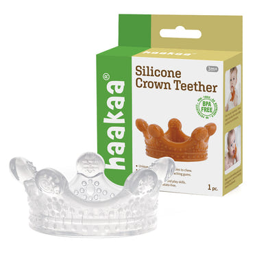 Haakaa Silicone Crown Teether in clear, perfect for soothing baby's gums and promoting healthy teething.