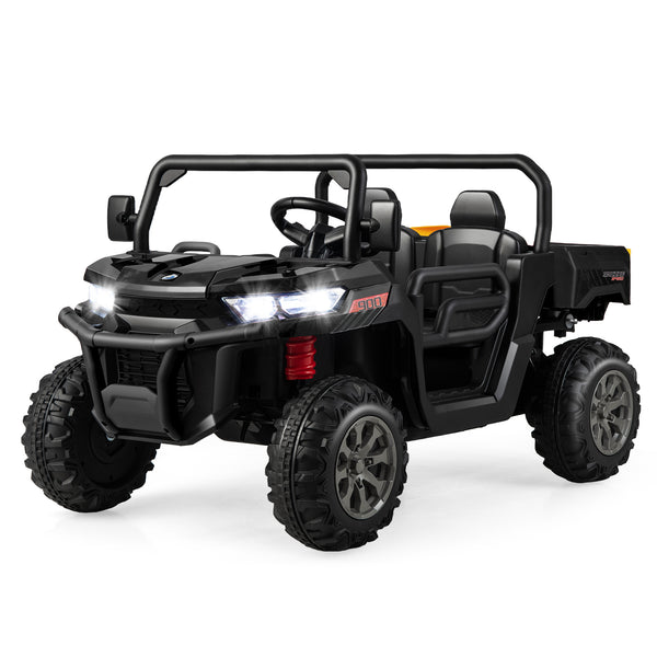 12V 2-seater kids ride-on dump truck with dump bed and shovel, perfect for outdoor play and imaginative adventures.