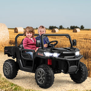 12V 2-seater kids ride-on dump truck with dump bed and shovel, perfect for outdoor play and imaginative adventures.