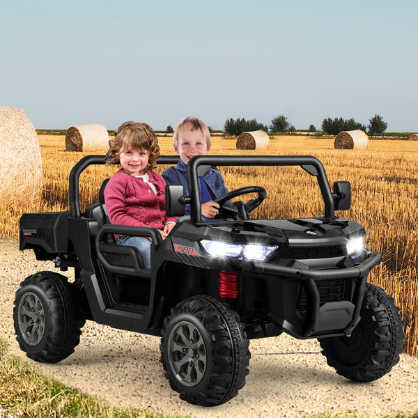 12V 2-seater kids ride-on dump truck with dump bed and shovel, perfect for outdoor play and imaginative adventures.