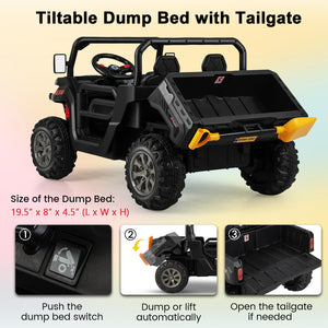 12V 2-seater kids ride-on dump truck with dump bed and shovel, perfect for outdoor play and adventure.