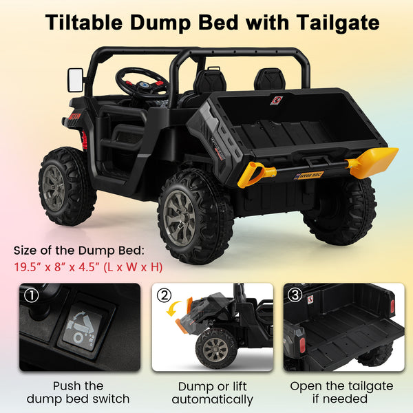 12V 2-seater kids ride-on dump truck with dump bed and shovel, perfect for outdoor play and adventure.