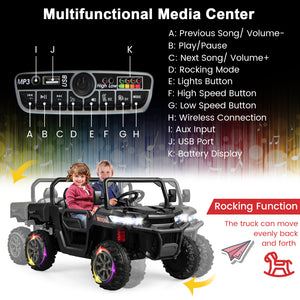 12V 2-seater kids ride-on dump truck with dump bed and shovel, perfect for outdoor play and imaginative adventures.