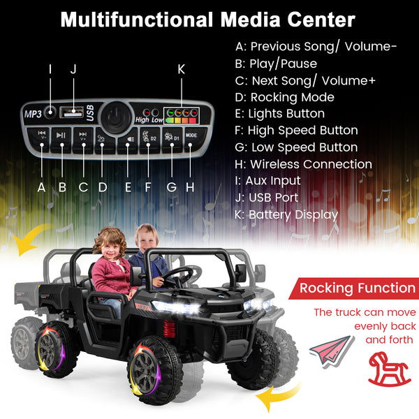 12V 2-seater kids ride-on dump truck with dump bed and shovel, perfect for outdoor play and imaginative adventures.