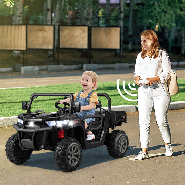 12V 2-seater kids ride-on dump truck with dump bed and shovel, perfect for outdoor play and imaginative adventures.