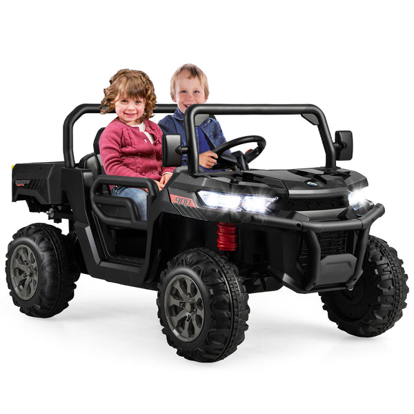 12V 2-seater kids ride-on dump truck with dump bed and shovel, perfect for outdoor play and imaginative adventures.