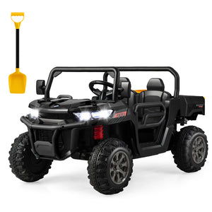 12V 2-seater kids ride-on dump truck with dump bed and shovel, perfect for outdoor play and imaginative adventures.