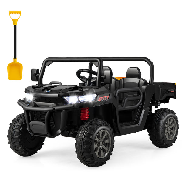 12V 2-seater kids ride-on dump truck with dump bed and shovel, perfect for outdoor play and imaginative adventures.