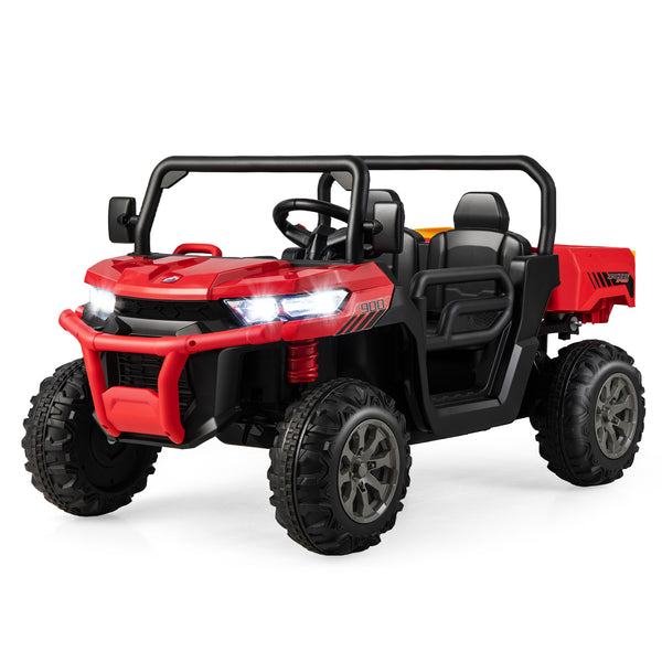 12V 2-seater kids ride-on dump truck with dump bed and shovel, perfect for outdoor play and imaginative adventures.