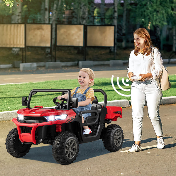 12V 2-seater kids ride-on dump truck with dump bed and shovel, perfect for outdoor play and imaginative adventures.