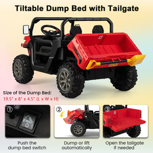 12V 2-seater kids ride-on dump truck with dump bed and shovel, perfect for outdoor play and imaginative adventures.