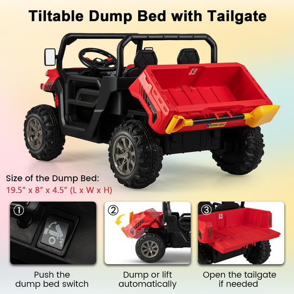 12V 2-seater kids ride-on dump truck with dump bed and shovel, perfect for outdoor play and imaginative adventures.