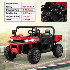 12V 2-seater kids ride-on dump truck with dump bed and shovel, perfect for outdoor play and imaginative adventures.