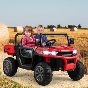 12V 2-seater kids ride-on dump truck with dump bed and shovel, perfect for outdoor play and imaginative adventures.