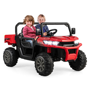 12V 2-seater kids ride-on dump truck with dump bed and shovel, perfect for outdoor play and imaginative adventures.