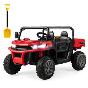 12V 2-seater kids ride-on dump truck with dump bed and shovel, perfect for outdoor play and adventures.