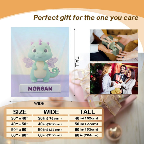 Personalized Kawaii Fairy Dragon Blanket | Custom Name | Mint Green Dragon Throw