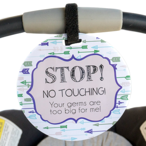 Blue Arrows No Touching Newborn Baby Car Seat Sign Tag