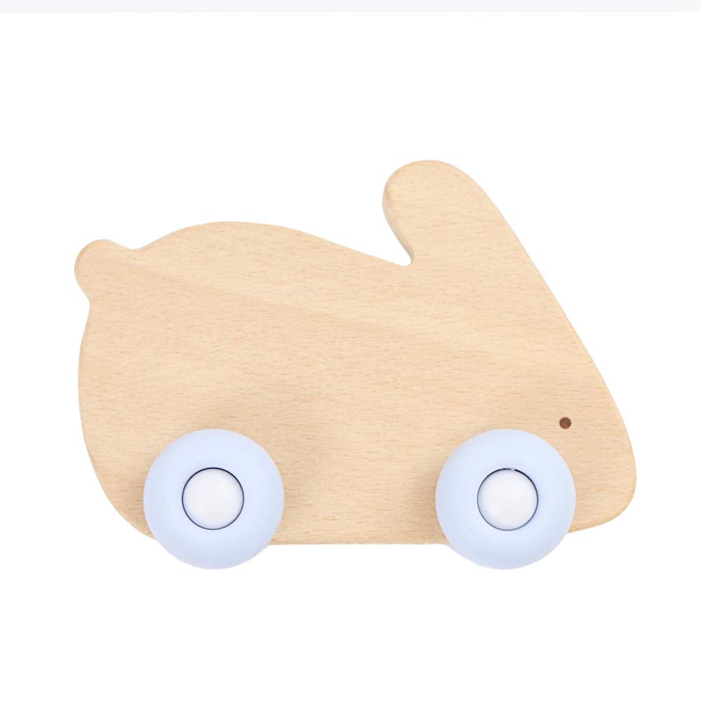 Blue Bunny Silicone and Wood Teether with Wheels for babies, perfect for soothing gums and playful teething.