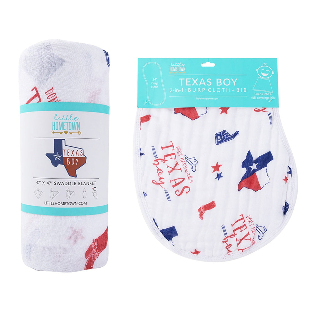 Texas baby boy muslin swaddle blanket and burp cloth/bib combo gift set for newborns.