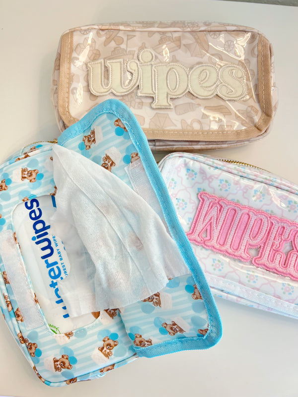 Clear coat wipes pouch travel bag at a 20-degree angle, perfect for on-the-go baby care.
