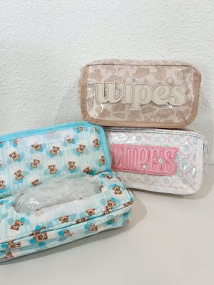 Clear coat wipes pouch travel bag, angled view, perfect for on-the-go baby care.