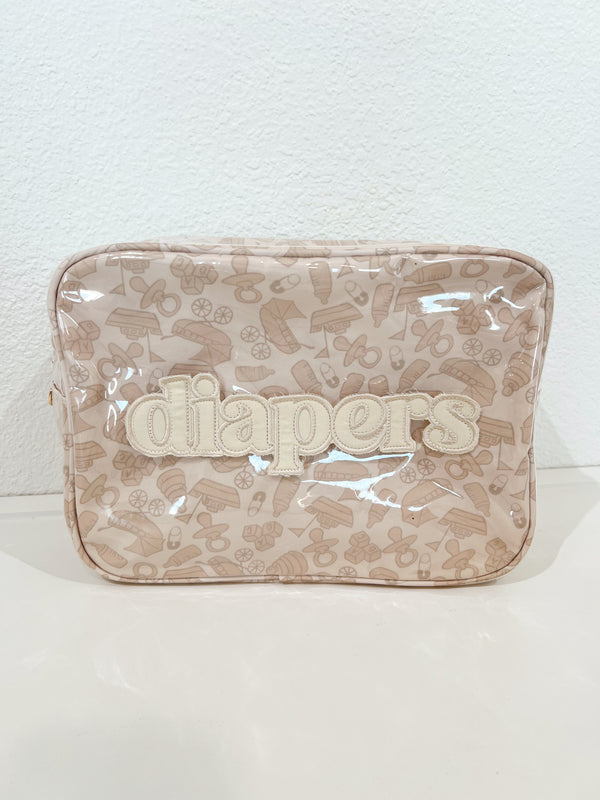 XL Diapers in a clear coat travel bag, showcasing convenience and portability for parents on the go.