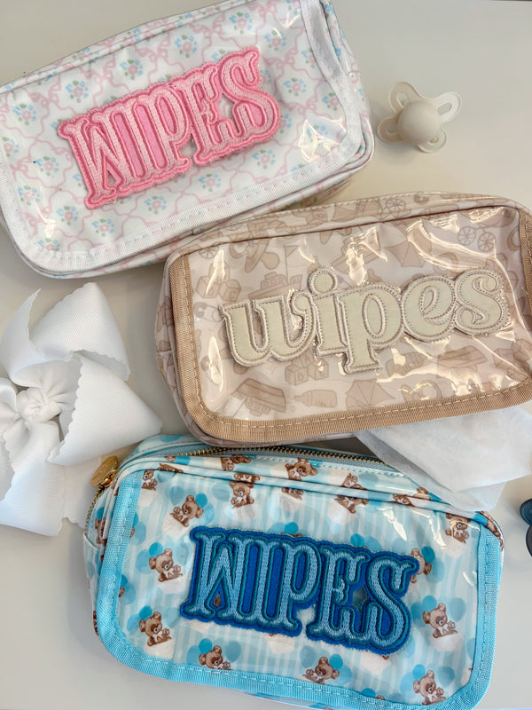 Clear coat wipes pouch travel bag at a 15-degree angle, perfect for on-the-go baby care.