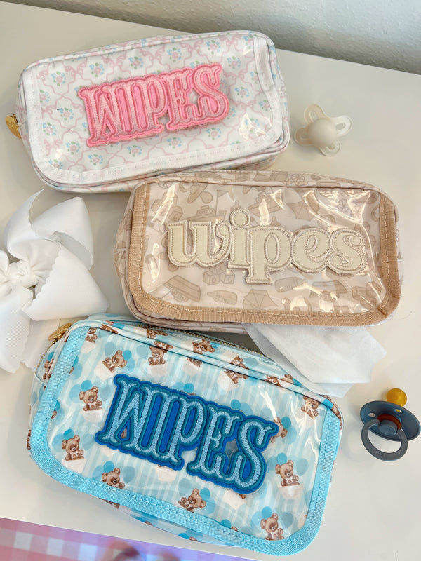 Clear coat wipes pouch travel bag, angled view, perfect for on-the-go baby care.